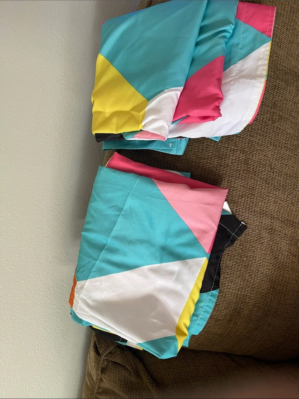 Vibrant Geometric Print shower curtains - Turquoise, Pink & Yellow